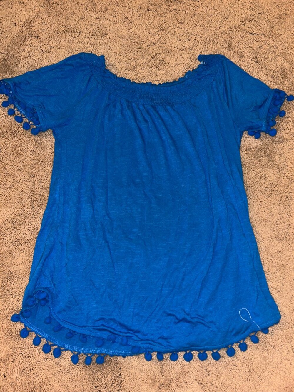 INC Blue Off the Shoulder Short Sleeve Top with Pom Pom Fringe